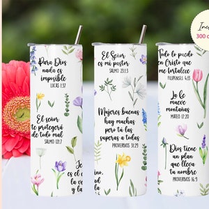 Frases religiosas Tumbler Wrap Design de sublimação, lembretes diários da Bíblia espanhola magros de 20 onças, afirmações inspiradoras, presente para ela