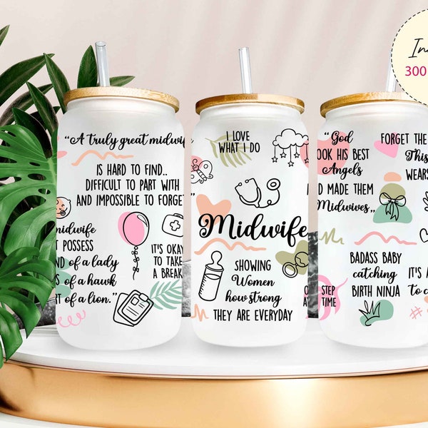 MIDWIFE Affirmations 16 oz glass can wrap png, Midwife Sublimation Designs, Midwife Libbey Glass Can PNG, Midwife Gift Do it Yourself