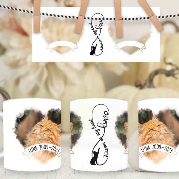 Cat Memorial Mug Sublimation Designs 11 oz and 15 oz Full Wrap Mug Template Png, Cat photo Mug, Pet Loss Gift, Cat Mug Png