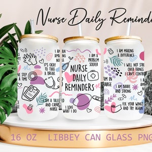 May include: Three 16 ounce white metal cans with a wood lid and a straw. Each can has a different design with colorful abstract shapes and text that says "Nurse Daily Reminders" and includes positive affirmations for nurses.