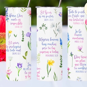 Frases religiosas 20 onças Skinny Tumbler Wrap Design de sublimação, lembretes diários da Bíblia em ESPANHOL, afirmações inspiradoras, presente para ela