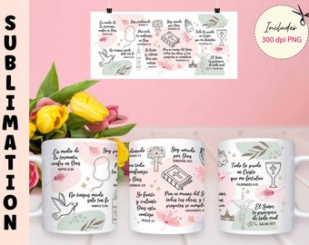 Frases religiosas Mug Sublimation designs, 11 oz/15 oz Full Wrap Template, SPANISH Religious Gift Png, Faith, Jesus png, Bible Verse Png