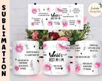 Diseño de taza de sublimación con la mejor mamá del mundo, plantilla de envoltura completa de 11 oz, taza del Día de la Madre, regalo PNG para mamá, descarga digital