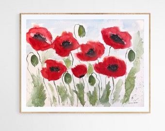 Original watercolor painting, Poppies, Red flowers