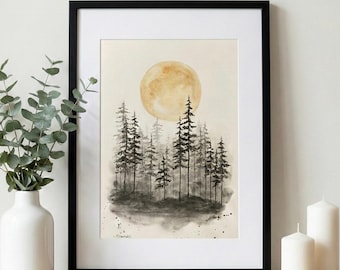 満月の松の木の水彩画：夜の森の風景画（8 x 6インチ） - Etsy 日本
