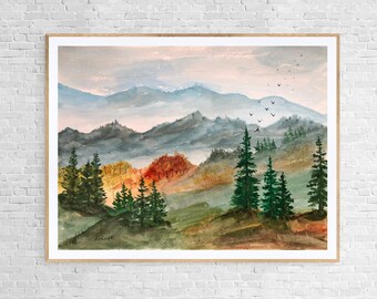 Original watercolor painting - Autumn in the mountains