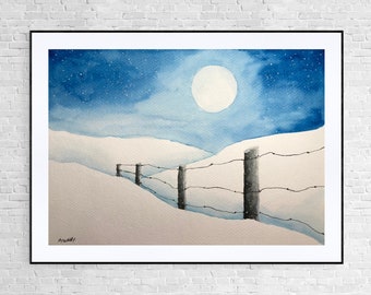 Original watercolor painting, Winter in full moon