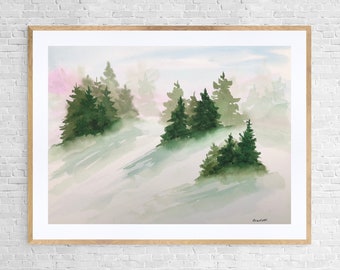 Original watercolor painting, Winter, Pine trees