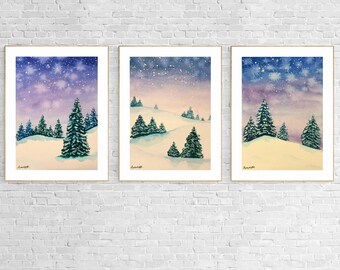 Set of 3 Winter landscapes - Original watercolor painting