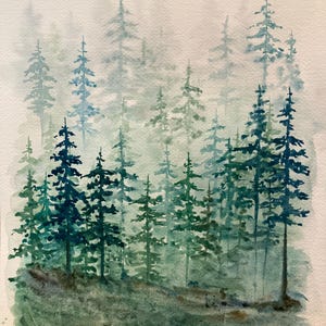 Foresta di pini, dipinto originale ad acquerello