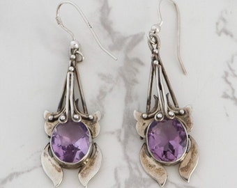 Orecchini in argento antico, orecchini Dangly in argento Art Nouveau, orecchini a goccia ametista
