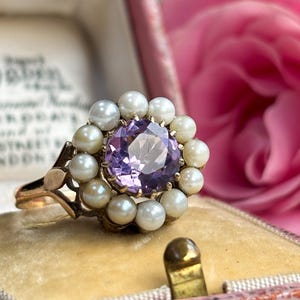Anillo vintage de amatista y perla, piedra natal de febrero, piedra morada