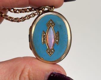 Victorian Opal and Enamel Locket: Antique Gold Keepsake Pendant