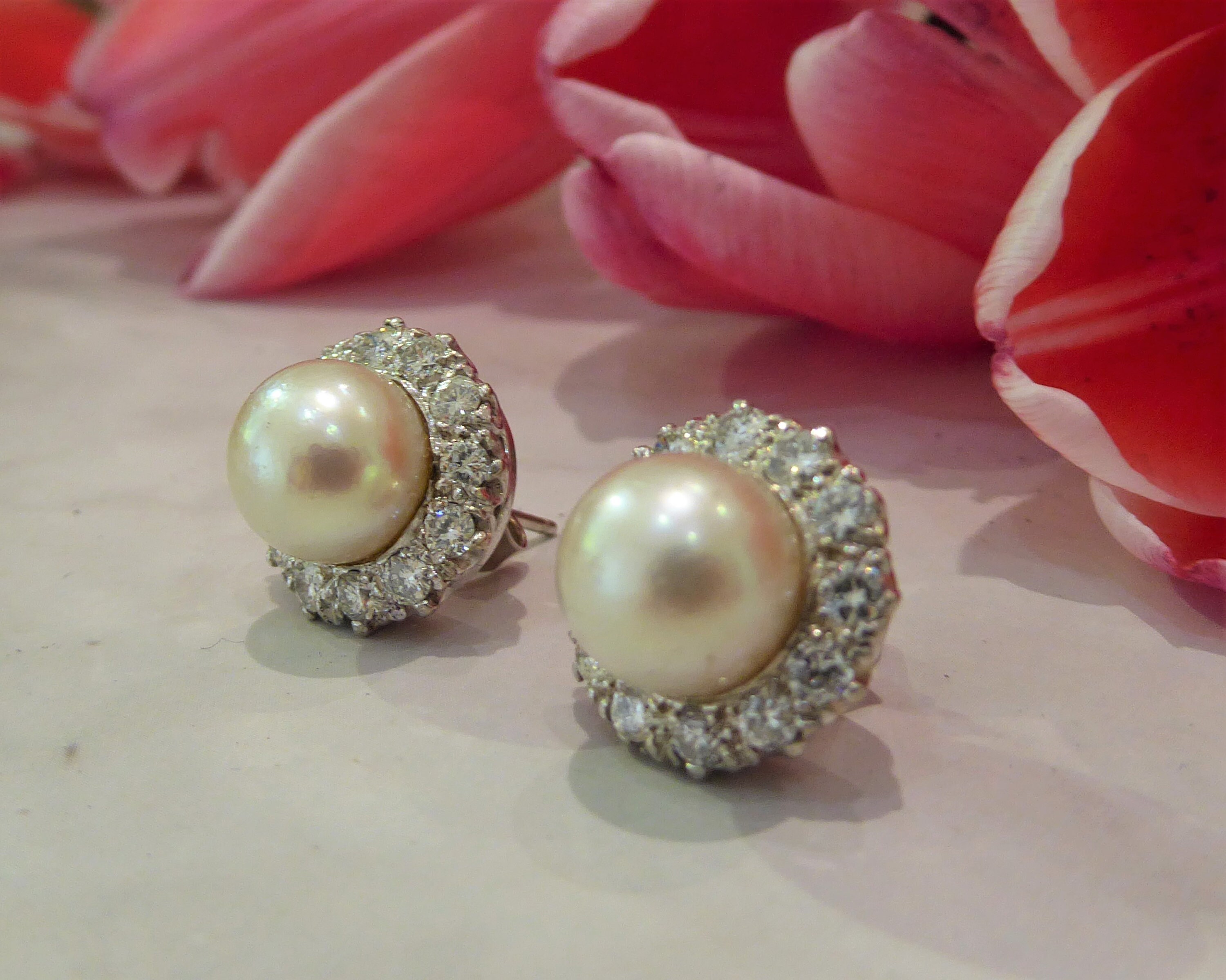 Vintage Pearl Earrings Diamond Studs Pearl Stud Earrings | Etsy