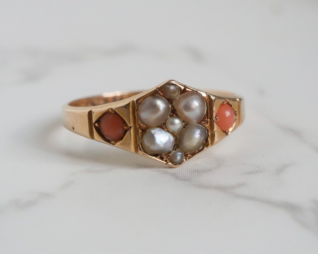 Victorian Gold Ring Antique Pearl Ring Antique Coral Ring Etsy
