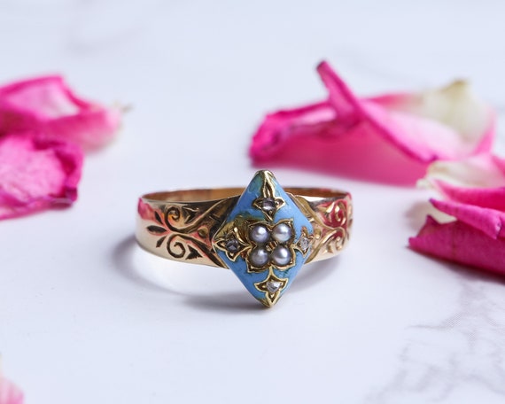 Victorian Enamel and Diamond Ring 18ct Gold - image 2