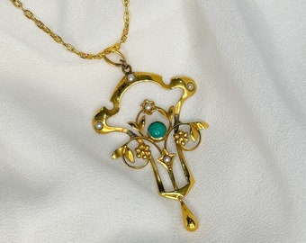 Jugendstil 9ct Gold Türkis Samen Perlen Halskette, Vintage Anhänger