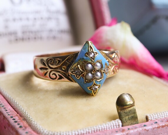 Victorian Enamel and Diamond Ring 18ct Gold - image 1
