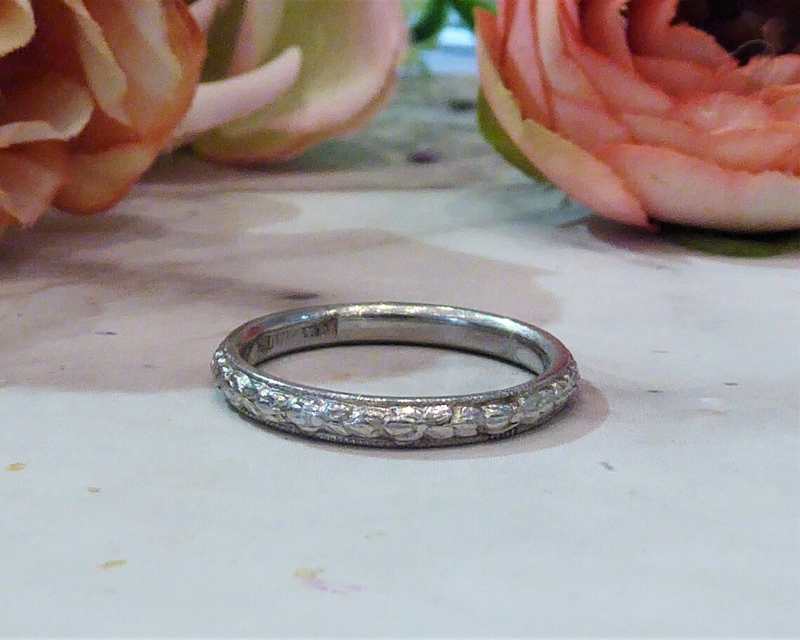 Antique Platinum Band 1930s Wedding Band Engraved Stacking