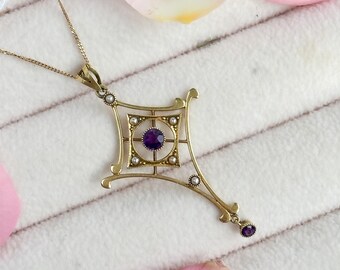 Edwardian 15ct Gold Amethyst Pendant Necklace, Seed Pearl Accent