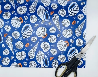 Blue Seashell Gift Wrap Sheets, Hand-Designed Ocean Theme Wrapping Paper for Him or Beach Lovers, with Clam Shells, Conches, and Scallops