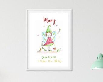 Anúncio de Nascimento com Fada em Aquarela, Impressão Personalizada com Dados da Bebê Menina