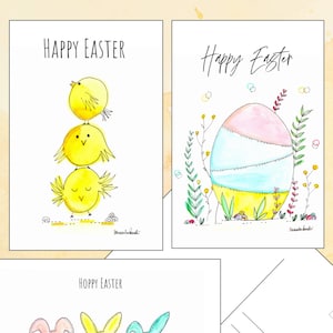 Happy Easter Aquarell Postkarten Set, 6er oder 12er Pack, Happy Spring Karten, Hoppy Ostern, Ostereier Karten, Osterhase und Küken Karten