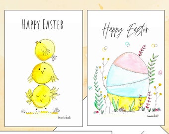 Watercolor Easter Postcards, Bunny and Chick Cards, Spring Set
