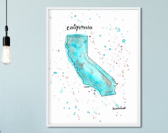 California Watercolor Map Print, Cali Home Wall Art