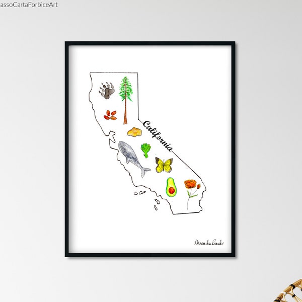 California Symbols map Painting, Cali map Print, State Watercolor Print, California Wall Art, Home Decor, California Print, Gallery art