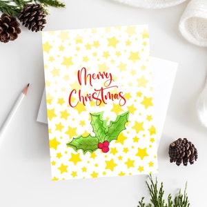 TARJETAS DE NAVIDAD, Tarjeta de acebo y estrellas, Papelería de Feliz Navidad, Tarjetas de Vacaciones Alegres, Tarjetas pintadas a mano, Tarjetas Únicas
