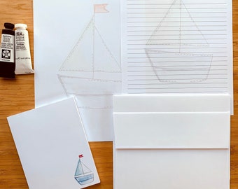 Watercolor Boat Stationery Set, Kids Letter Writing, Nautical Notepad