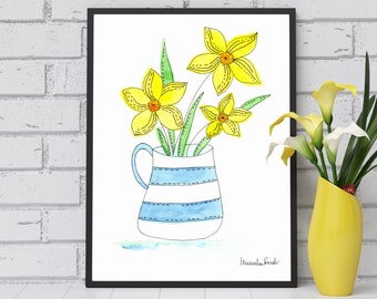 Yellow Daffodils Watercolor Print, Botanical Wall Art