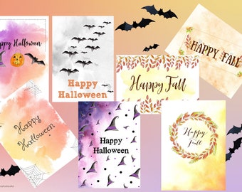 Happy Halloween and Happy Fall Card Set, 5x7 Card Pack, Watercolor Card Set, Halloween Card pack, Card set Gift, Cards and Envelopes