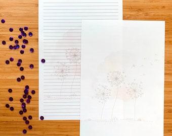 beautiful paper for writing Dandelion Writing Paper and Envelopes, Floral Letter writing set for Women and Girls, 10 Writing Sheets, lined and unlined, Dandelion set