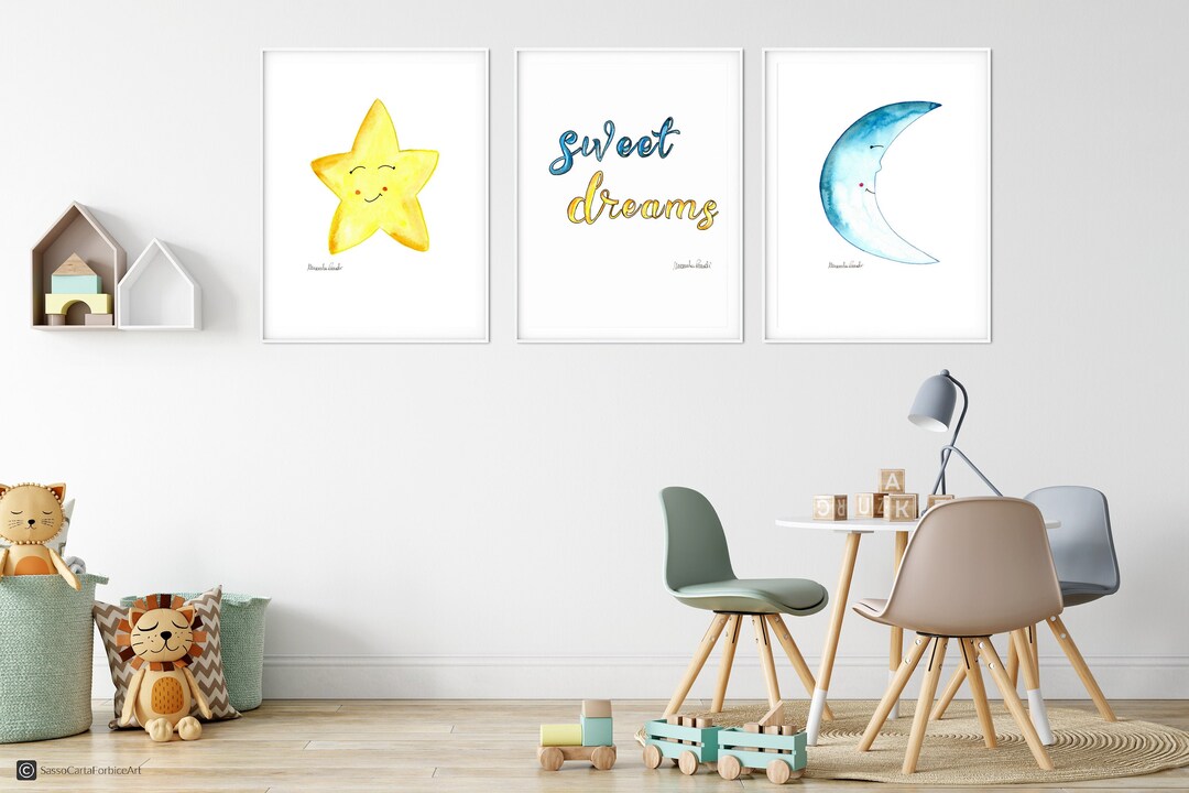 Set of 3 Nursery Watercolor Paintings, Moon and Star Prints, Kid Art ...