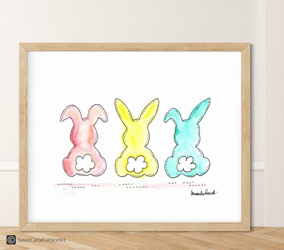 Watercolor Easter Bunny Print, Spring Pastel Bunnies Art