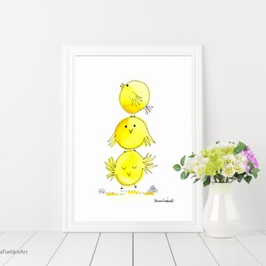May include: A watercolor painting of three yellow chicks stacked on top of each other. The chicks are drawn in a simple, cartoon style with black outlines. The background is white.