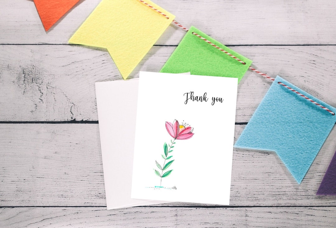 Watercolor Pink Flower Thank You Cards, Floral Note Card Set - Etsy