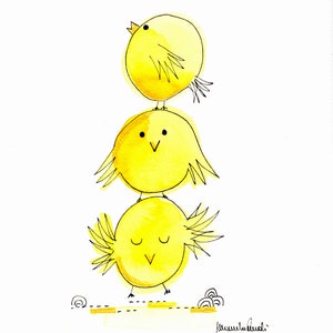 May include: Three yellow watercolor birds stacked on top of each other. The top bird is looking up, the middle bird is looking forward, and the bottom bird is looking down. The birds are drawn in a simple, whimsical style.