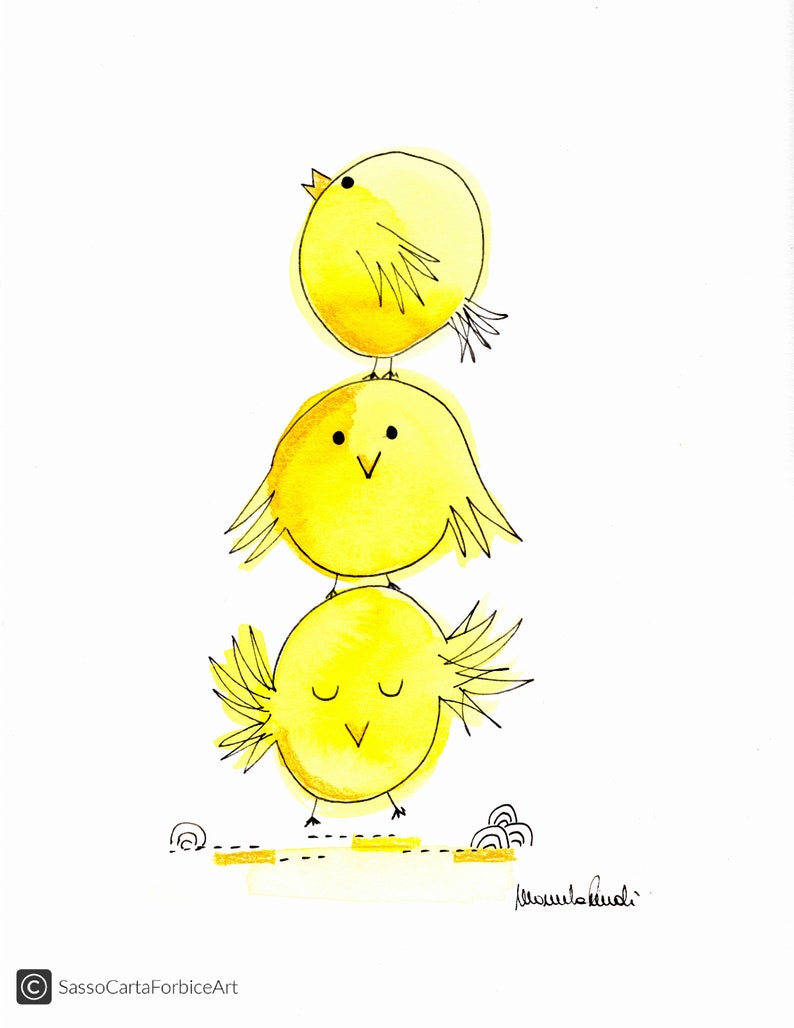 May include: Three yellow watercolor birds stacked on top of each other. The top bird is looking up, the middle bird is looking forward, and the bottom bird is looking down. The birds are drawn in a simple, whimsical style.