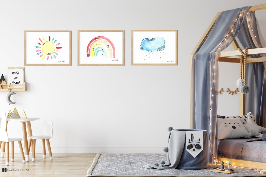 Set of 3 Sun Rainbow Cloud Watercolor Prints, Girl and Boy Art Wall ...