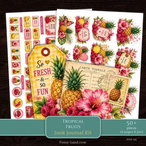 Könnte beinhalten: Ein Junk-Journal-Set mit tropischen Fruchtmotiven, darunter Ananas, Himbeeren und Hibiskusblüten. Die Sammlung enthält rechteckige Anhänger, Aufkleber im Briefmarkenstil und Postkarten mit dem Text So Fresh & So Fun.