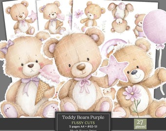 Teddy Bears Fussy Cuts Clipart, Watercolor Purple Teddy Bears Digital, Printable Ephemera
