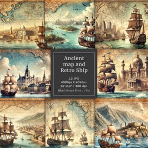 Papel digital para scrapbooking con mapas antiguos y barcos retro, bloc de papel para scrapbooking con mapas marinos retro, páginas de diario basura con mapas marítimos digitales