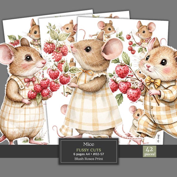 Mice Fussy Cuts Clipart Digital Download, Watercolor Mouse Junk Journal Scrapbook Kit Die Cuts