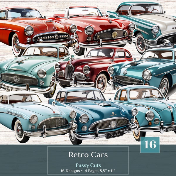 Retro Cars Fussy Cuts Collage Sheet, 1950s Cars Junk Journal Kit, Junk Journal Printable, Oldsmobile Journal Ephemera, Vintage Automobiles