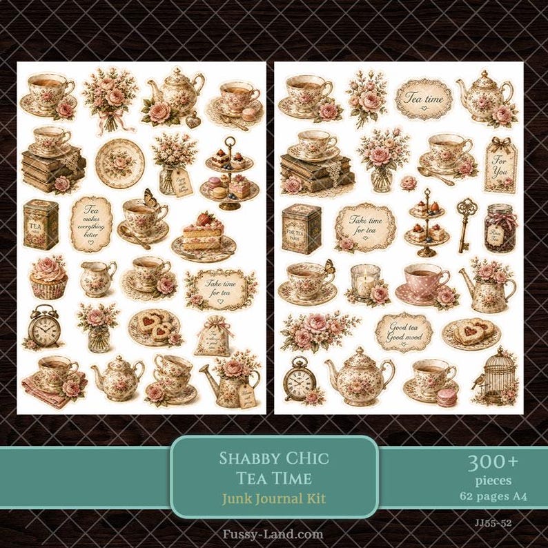 Vintage Shabby Chic Tea Time Junk Journal Kit • Printable Ephemera & A4 ...