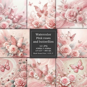 Paquet de papier numérique aquarelle roses et papillons, éphémères, pages de journal indésirables fleurs roses blush, paquet de papier de scrapbooking