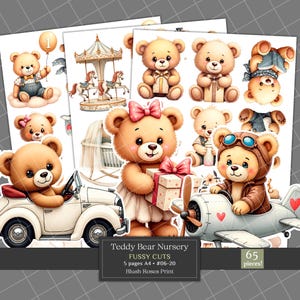 Neutral Colors Nursery Teddy Bears Fussy Cuts, Watercolor Boy Baby Shower Clipart, Scrapbook Kit, Large Fussy Cuts